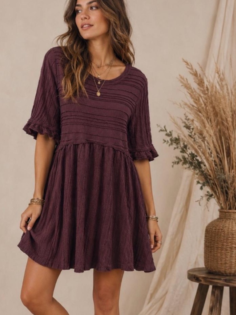 Free People Take A SpinPlum Ruffle-Sleeve Tunic Babydoll Dress Womens Size Small